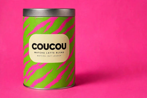 COUCOU Matcha Latte Blend tin, lime green with hot pink tiger stripes